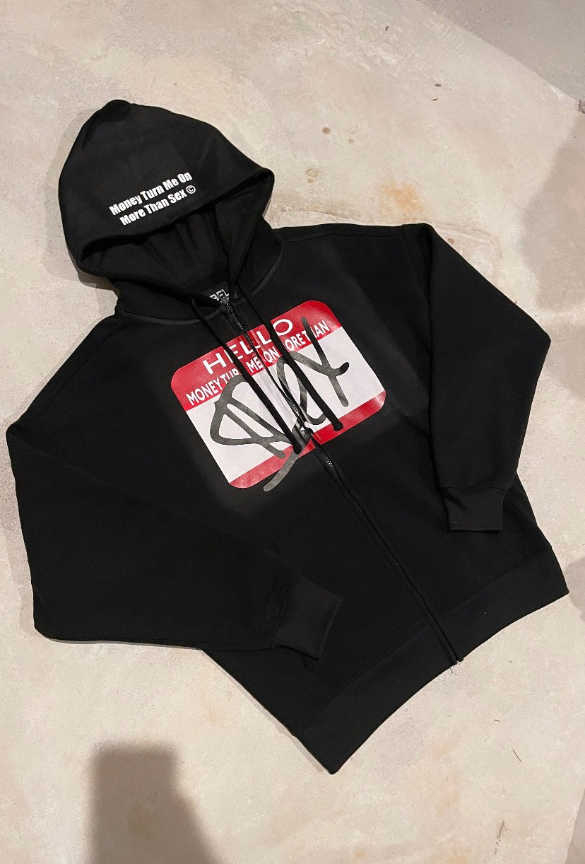 “Hello, My Name Is” Money Over Sex Zip Up