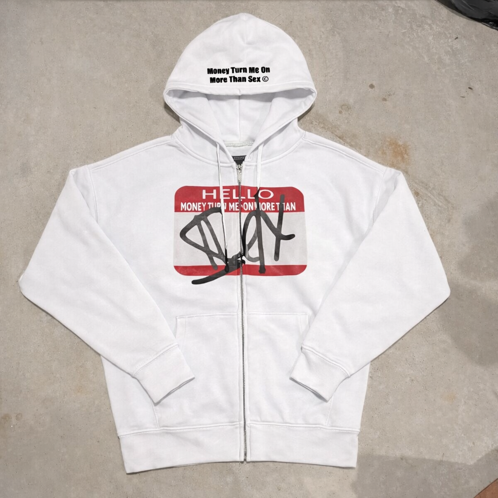 “Hello, My Name Is” Money Over Sex Zip Up